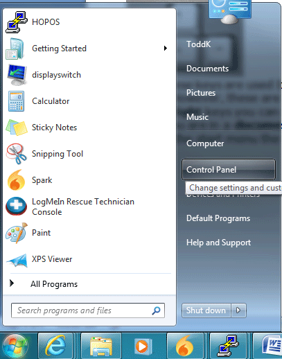 Start Menu, Control Panel